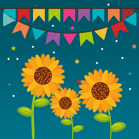 Sunflowers and banners over blue background. Vector illustration.のイラスト素材