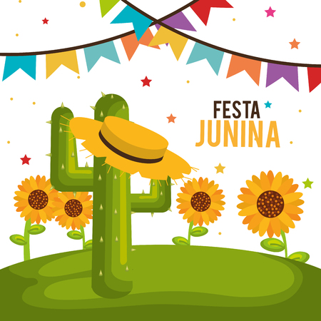 Festa junina design with cactus, hat and sunflowers over white and green background. Vector illustration.のイラスト素材