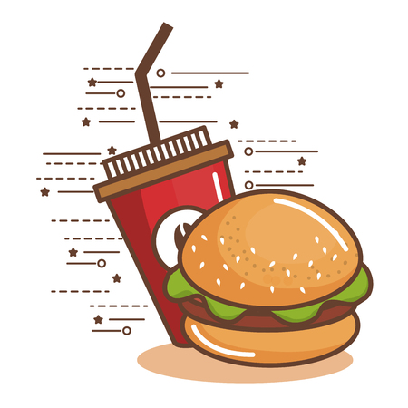 Colorful cup of iced coffee and hamburger over white background  vector illustrationのイラスト素材