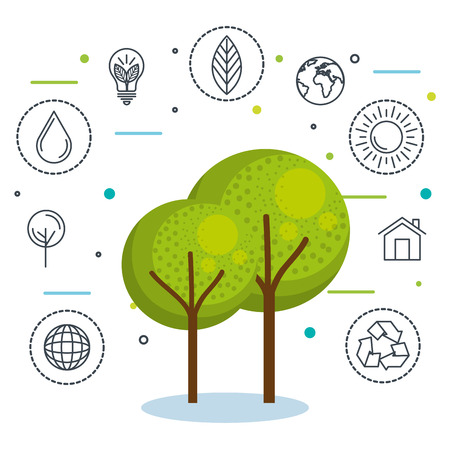 Trees and hand drawn eco friendly items stickers over white background vector illustrationのイラスト素材