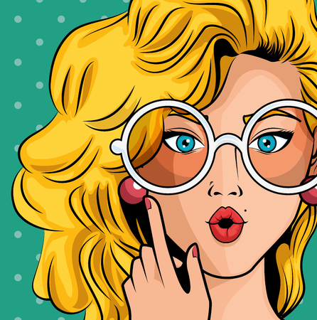 Blonde woman comic like pop art icon over teal dotted backgroundのイラスト素材