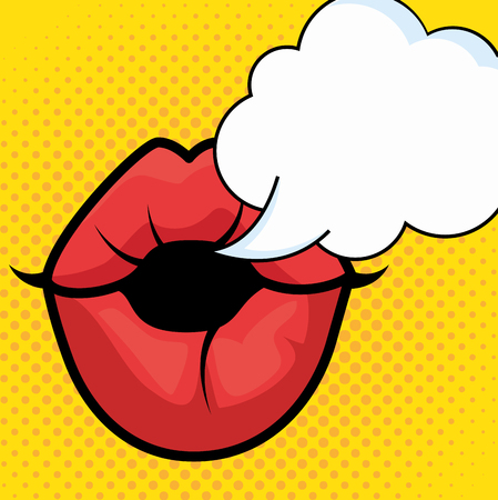 Red lips and speech balloon comic like pop art sign over yellow dotted background vector illustrationのイラスト素材