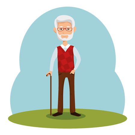 Old man with walking cane over blue green and white background vector illustrationのイラスト素材