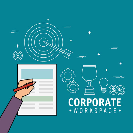Corporate workspace design with hand signing paper over blue background vector illustrationのイラスト素材