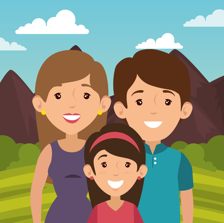 Smiling family with balloons and outdoors landscape behind vector illustrationのイラスト素材