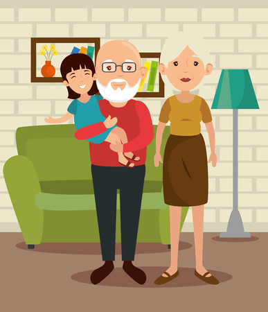 Grandparents and granddaughter at the living room colorful design vector illustrationのイラスト素材