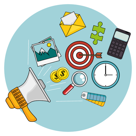 Megaphone with business related objects over white and blue background vector illustrationのイラスト素材