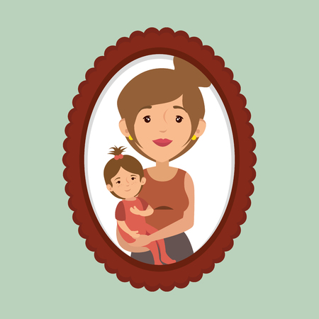 Vintage mom and daughter portrait over pastel green background vector illustrationのイラスト素材