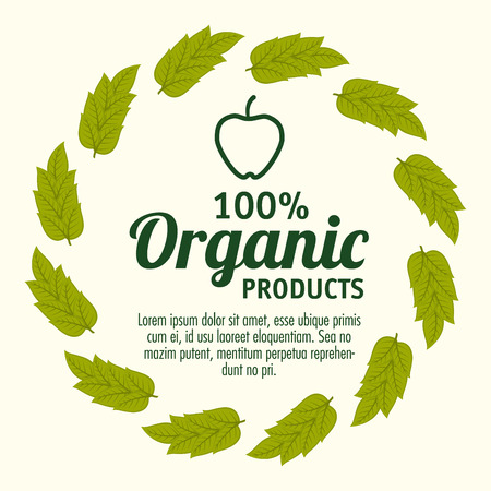 100 percent organic products label with leaves and hand drawn apple over white background vector illustrationのイラスト素材