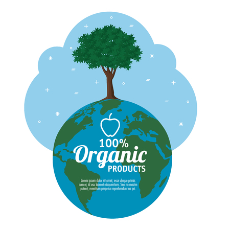 100 percent organic products label with globe and tree over white background vector illustrationのイラスト素材