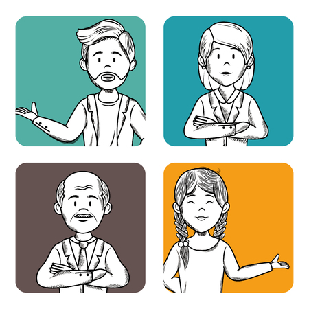 Hand drawn uncolored people icons over white background vector illustrationのイラスト素材