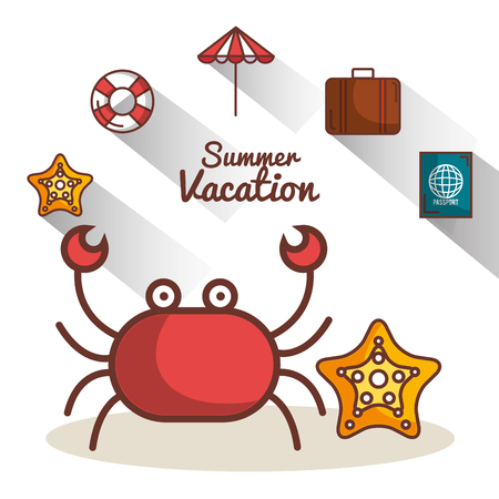 Crab and starfish with summer vacation related objects over white backgroundのイラスト素材