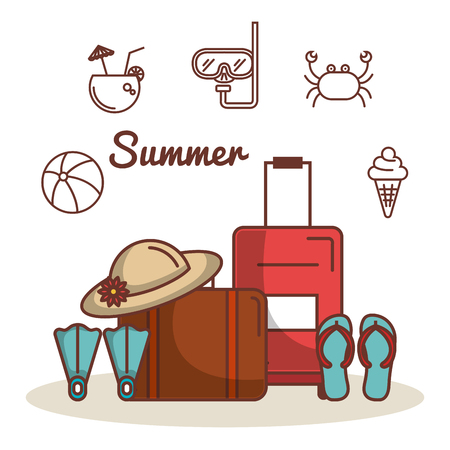 Colorful and hand drawn summer vacation related objects over white background vector illustrationのイラスト素材