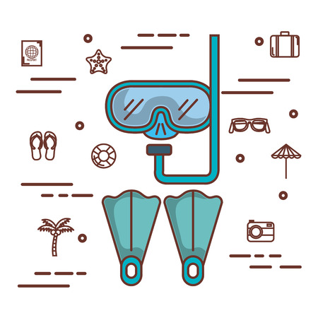 Snorkel and fins with hand drawn summer vacation objects over white background vector illustrationのイラスト素材