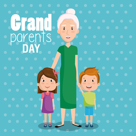 Grandma and grandchildren with grandparents day sign over blue dotted background vector illustrationのイラスト素材
