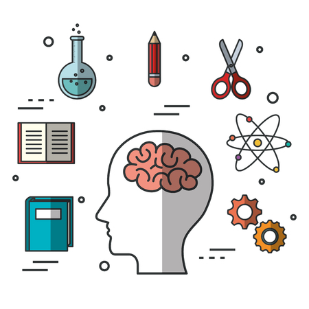 Head silhouette with brain and education related objects over white background vector illustrationのイラスト素材