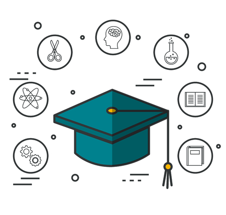 Graduation cap with hand drawn education related objects over white background vector illustrationのイラスト素材