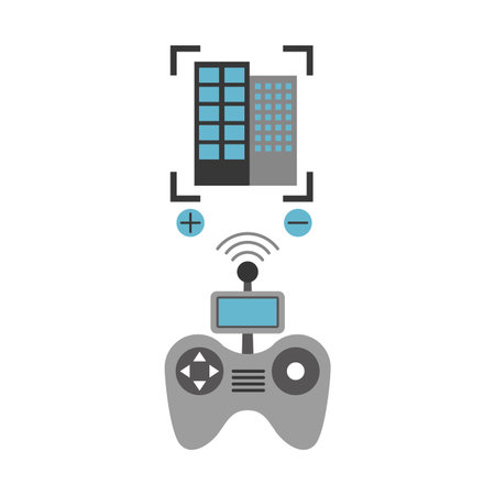 Drone remote control with builbing vector illustration design