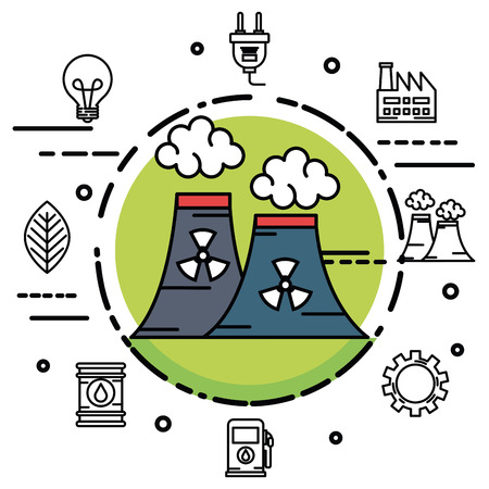 Nuclear power plant sticker and hand drawn energy related objects over white backgroundのイラスト素材
