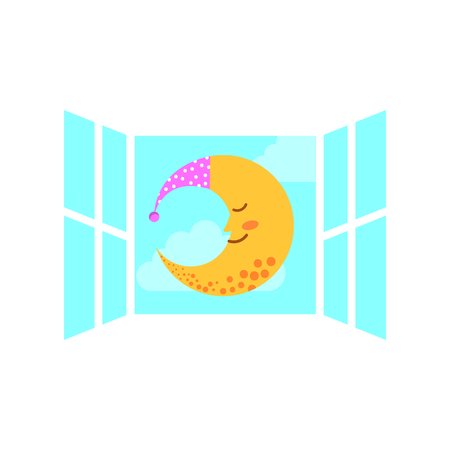 windows bedroom with cute moon vector illustration designのイラスト素材