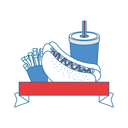 emblem with hot dog and french fries icon over white background colorful design vector illustrationのイラスト素材