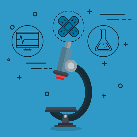 Microscope and hand drawn medical objects over blue background vector illustrationの写真素材