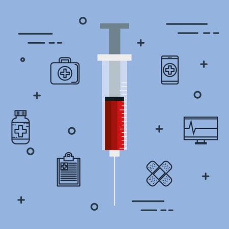 Syringe and medicine related objects over blue background vector illustrationの写真素材