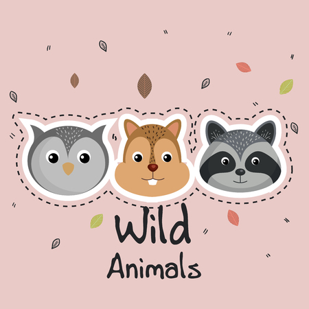 cute wild animals sticker leaves fall over pink background vector illustrationのイラスト素材