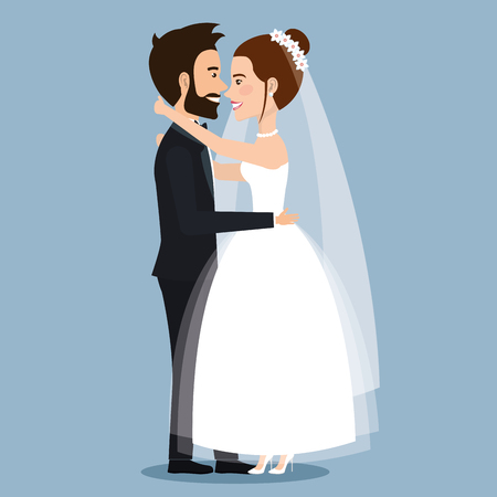 beautiful young bride and groom couple embracing on wedding day vector illustrationのイラスト素材