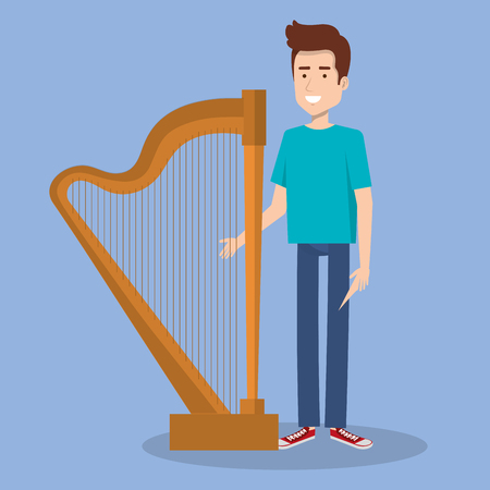 young man standing with harp music instrument vector illustrationのイラスト素材
