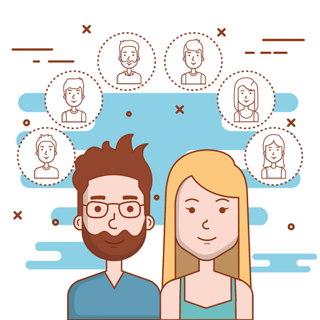 young couple avatars characters portrait people vector illustrationのイラスト素材