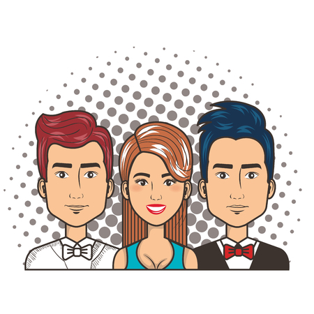 three woman and men portrait pop art comic style vector illustrationのイラスト素材