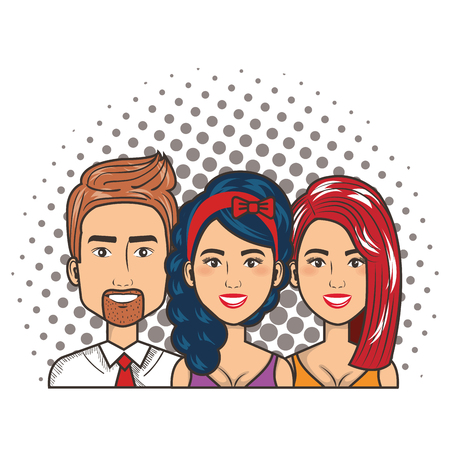 three women and man portrait pop art comic style vector illustrationのイラスト素材