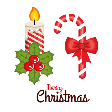 merry christmas candle and cane candy sweet bow celebration vector illustrationのイラスト素材