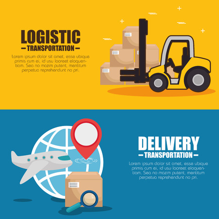 Boxes airplane and forklift of Logistic transportation and delivery theme Vector illustrationのイラスト素材