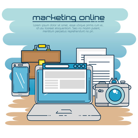 Laptop camera smartphone and suitcase of Digital and online marketing theme Vector illustrationのイラスト素材