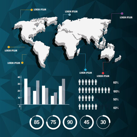 world map infographic demographic report data with abstract background vector illustrationのイラスト素材
