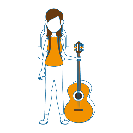 camping woman with travel backpack and guitar icon over white background vector illustrationのイラスト素材