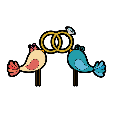 cute couple of doves with wedding rings icon over white background vector illustrationのイラスト素材
