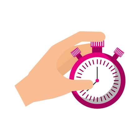 hand holding finger on chrome stopwatch with seconds arrow vector illustrationのイラスト素材