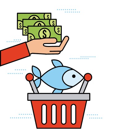 hand holding banknote with basket fish market shop vector illustrationのイラスト素材