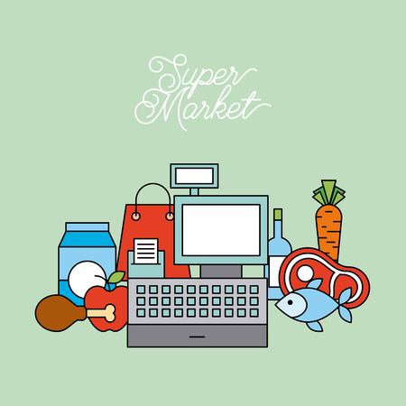 supermarket cash register food drink paper bag vector illustrationのイラスト素材