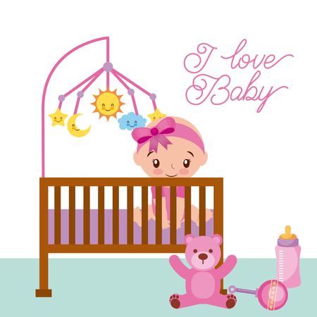 happy sitting baby girl is in the crib with teddy rattle and bottle vector illustrationのイラスト素材