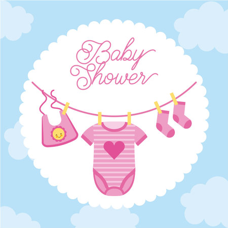 baby shower invitation clothes sock hanging with cloud background vector illustrationのイラスト素材