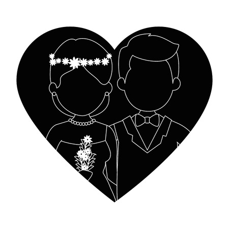 cute couple just married with flowers bouquet vector illustration designのイラスト素材