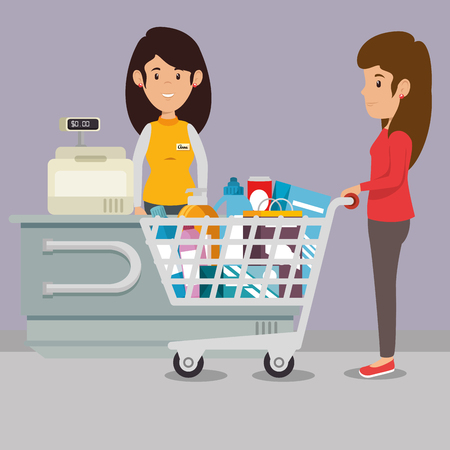 supermaket store counter desk with woman cashier in uniform vector illustration graphic designのイラスト素材