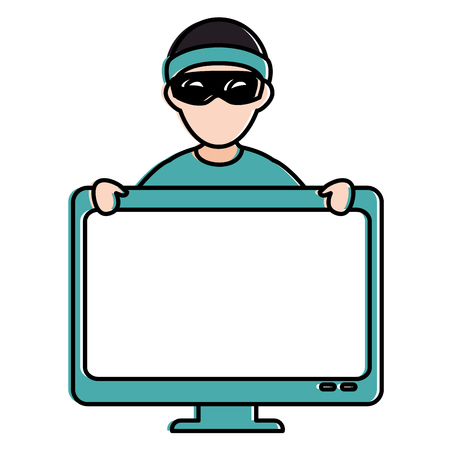 cyber thief avatar character with monitor vector illustration designのイラスト素材