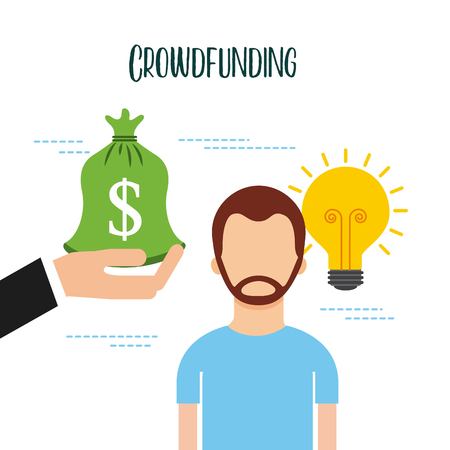 crowdfunding man and hand holding bag money idea creativity business vector illustrationのイラスト素材