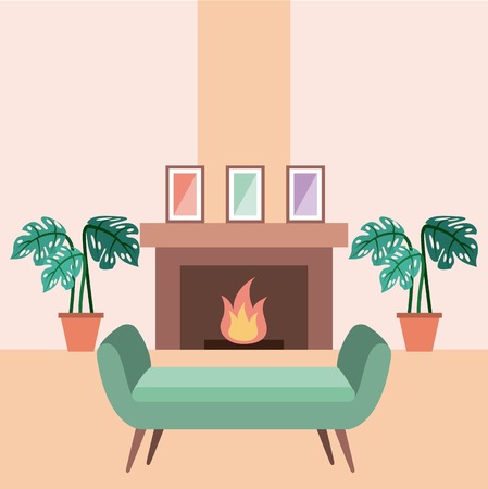living room interior a sofa houseplants and chimney frame vector illustrationのイラスト素材