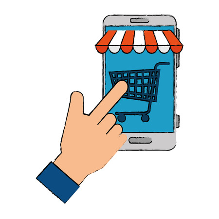 hand human using smartphone with market online app vector illustration designのイラスト素材